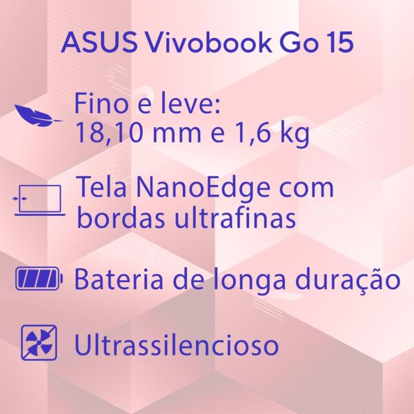Notebook ASUS Vivobook GO 15, Intel Celeron Dual Core N4500, 4 GB, 128 GB SSD, W11 Home, 15,60" LED, Rose Pink - E510KA-BR833WS - Imagem 2