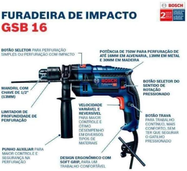 Bosch Furadeira de Impacto GSB 13 RE-M - 750W 220V, em maleta - Imagem 4