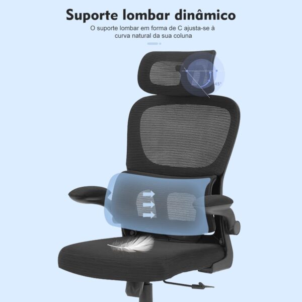 Cadeira de escritório, design ergonômico com suporte lombar independente, malha respirável e encosto de cabeça ajustável - Imagem 6