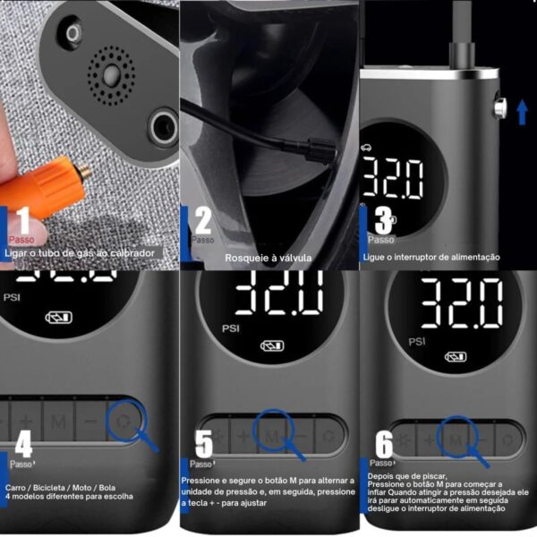 Calibrador Compressor Bomba De Ar Portátil Digital com Lanterna LED para Encher Pneus de Carro, Moto, Bike, Bicicleta, Bola e Piscina Inflável - Imagem 8