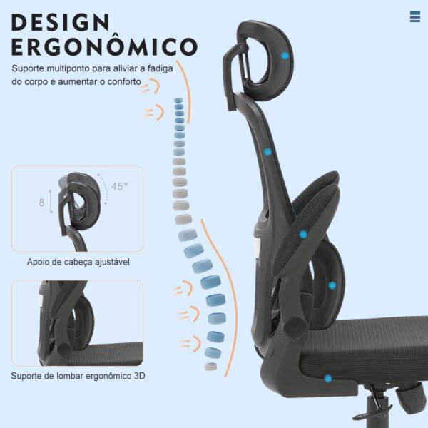 Cadeira de escritório, design ergonômico com suporte lombar independente, malha respirável e encosto de cabeça ajustável - Imagem 4