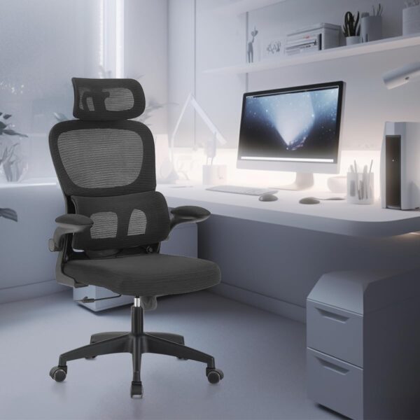 Cadeira de escritório, design ergonômico com suporte lombar independente, malha respirável e encosto de cabeça ajustável