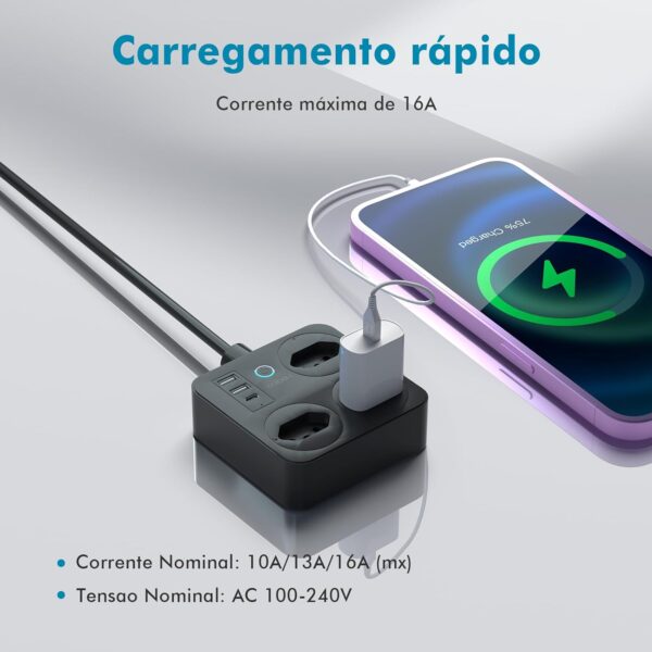 Filtro de Linha, Tomada Inteligente Wifi, Extensão Tomada, Regua Tomada, Regua de Energia, 3 Tomadas, 2 Interfaces USB, 1 Porta USB Tipo-C, Suporte para Controle Por Voz, Controle de celular (Branco) - Imagem 3