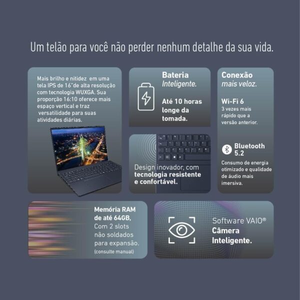 Notebook VAIO FE16 AMD® Ryzen 7-5825U Linux 16GB RAM 512GB SSD 16" IPS WUXGA Antirreflexo - Cinza Grafite - Imagem 4