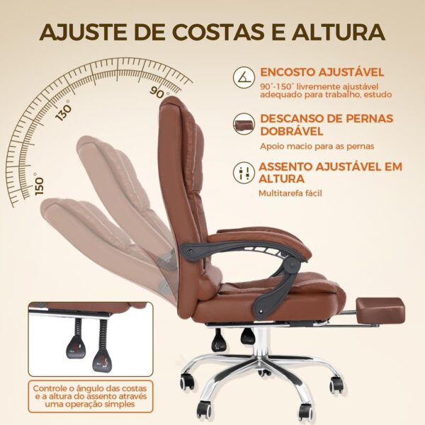 Cadeira de escritório presidente, cadeira de home office com apoio para os pés e encosto ajustável(Marrom) - Imagem 12