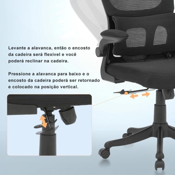 Cadeira de escritório, design ergonômico com suporte lombar independente, malha respirável e encosto de cabeça ajustável - Imagem 7