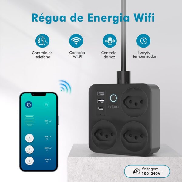 Filtro de Linha, Tomada Inteligente Wifi, Extensão Tomada, Regua Tomada, Regua de Energia, 3 Tomadas, 2 Interfaces USB, 1 Porta USB Tipo-C, Suporte para Controle Por Voz, Controle de celular (Branco) - Imagem 2