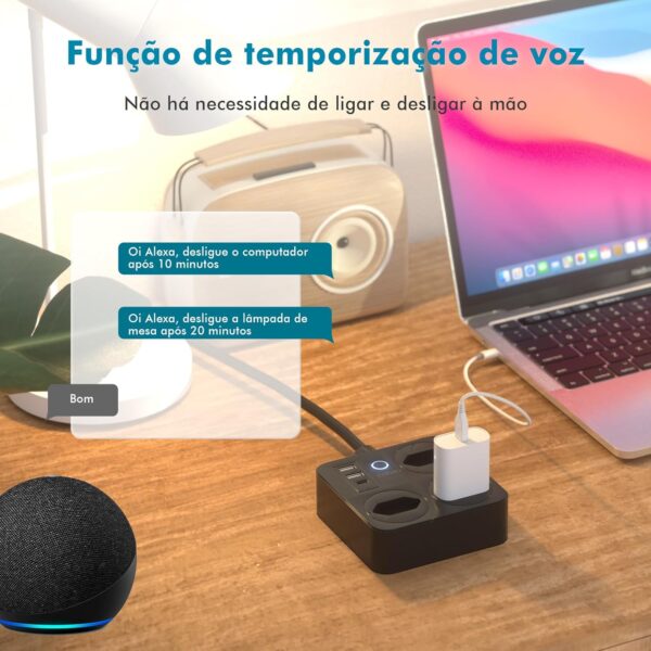 Filtro de Linha, Tomada Inteligente Wifi, Extensão Tomada, Regua Tomada, Regua de Energia, 3 Tomadas, 2 Interfaces USB, 1 Porta USB Tipo-C, Suporte para Controle Por Voz, Controle de celular (Branco) - Imagem 7
