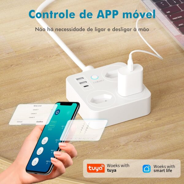 Filtro de Linha, Tomada Inteligente Wifi, Extensão Tomada, Regua Tomada, Regua de Energia, 3 Tomadas, 2 Interfaces USB, 1 Porta USB Tipo-C, Suporte para Controle Por Voz, Controle de celular (Branco) - Imagem 14